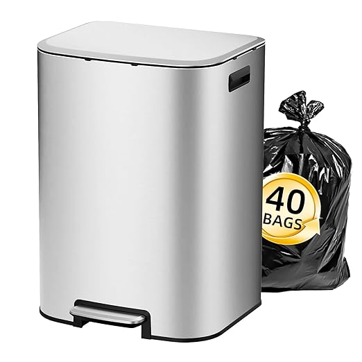KUK 16 Gallon Kitchen Trash Can with Lid, Heavy Duty Hands-Free Stainless Steel Commercial Step Trash Bin with Removable Inner Bucket, Pedal Rubbish Bin for Home Office and Kitchen, 60L/16Gal