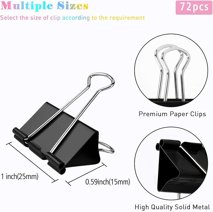Medium Binder Clips, 72 Pack, 1 Inch, Standard 25mm, Black, Small Fold Clamp, Capacity 0.47 Inch, Metal Paper Clips, Office Clips, School & Home Use
