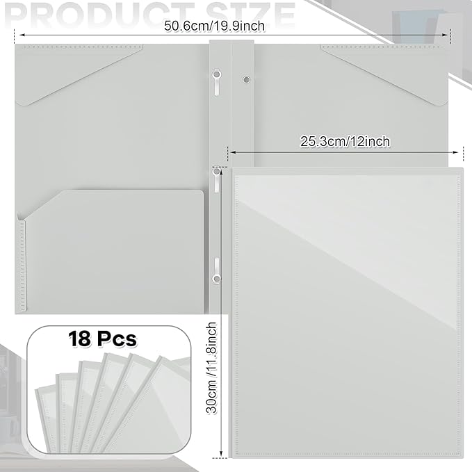Henoyso 18 Pcs Plastic Folder with Clear Front Pocket and 3 Prong Plastic Folders with Card Slot Pocket Folders with Prongs for School Office (Gray White)