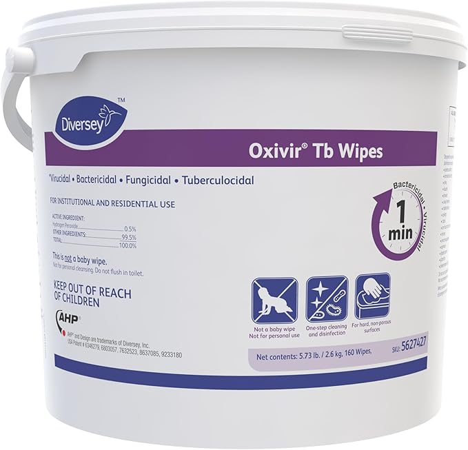 Oxivir Diversey Tb 5627427 Ready-to-Use Disinfectant Cleaning Wipes, Accelerated Hydrogen Peroxide, 11x12-Inch Extra Large Sheets, 160-Wipes, 1-Bucket