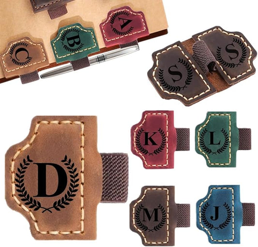 Custom Bookmark with Pen Holder with 26 Letters Personalized Magnetic Leather Book Mark, Customized Name Book Marker Clip with Initial for Men Women, Gifts for Book Lovers, Readers, (Brown, D)
