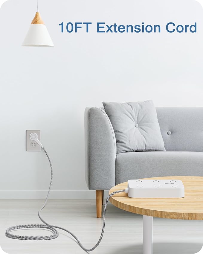 LENCENT 2 Prong Power Strip, 3 to 2 Prong Outlet Adapter, Surge Protector with 10ft Braided Extension Cord with Thin Flat Polarized Plug, 6 AC & 4 USB (1 Type-C), Wall Mount for Non-Grounded Outlet