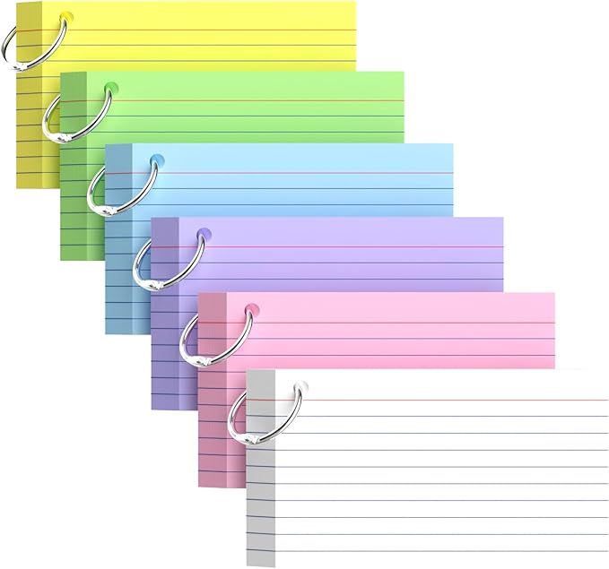 Colored Index Cards 3x5, 300 Count Lined Index Cards with Ring, 6 Colors Note Cards 3x5, 50 Sheets Each Pack, Heavy Bright Flash Cards with Rings, Colored Notecards 3x5 Lined for Office, Home, School
