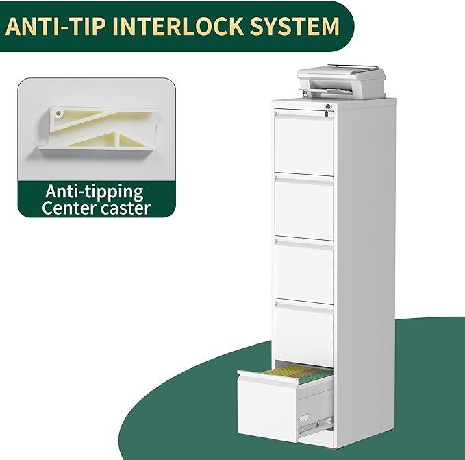 5 Drawer File Cabinet with Lock, Steel Vertical Filing Storage Cabinet for Home Office, Heavy-Duty File Cabinets for Letters/Legal/A4 (Require Assembly, White)