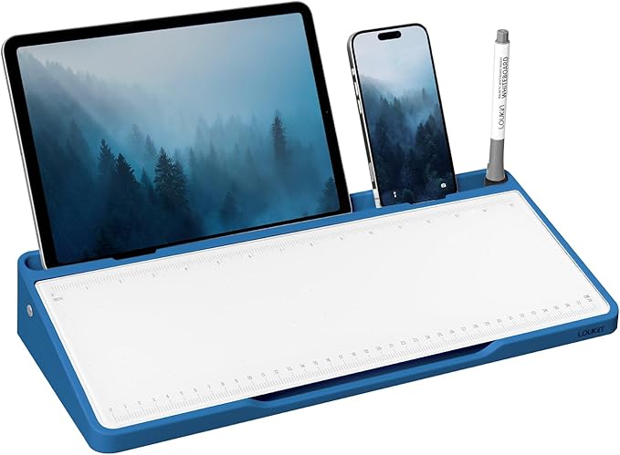 LOUKIN Glass Desktop Whiteboard, 15.3" x 5.6" Dry Erase Desk Board with Dotted and Graduated Surface, Desktop Buddy, Great for Design and Drawing, 3 Markers and 1 Dry Erase Eraser Included (Blue)