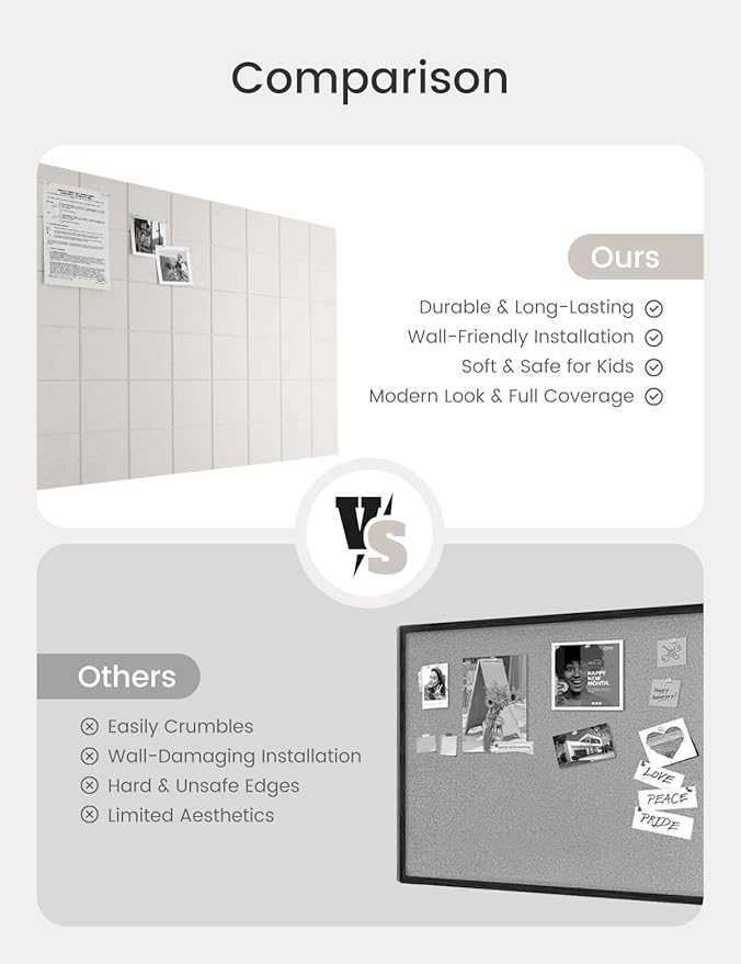 Bumusty Large Cork Board Alternative-47 x35 Felt Bulletin Board Tiles, with 30 Pushpins, 70 Adhesive Tabs, 12-Pack Slat Wall Paneling, Cork Boards for Office Push Pin Board Felt Board-Oatmeal