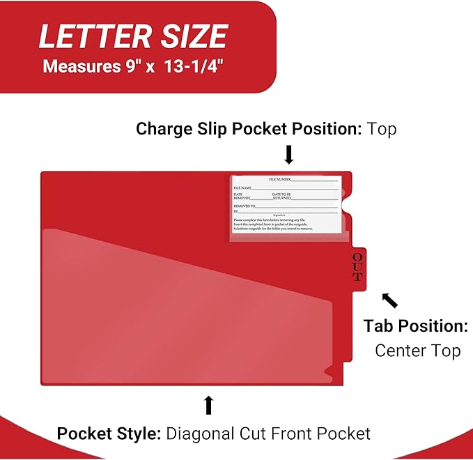 Doctor Stuff - Center Tab Vinyl Outguides, Diagonal Cut Front Pocket, Top Charge Out Slip Pocket, Plastic File Folder, Letter Size 9" x 13-1/4", Red, 50/Box