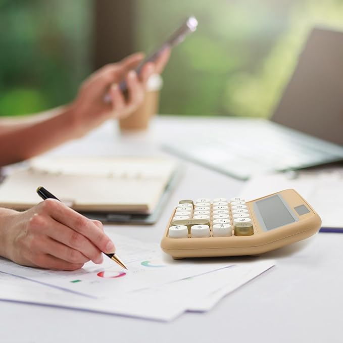 White Calculator, UPIHO Beige Standard Calculator 12 Digit with Large LCD Display and Big Buttons, White Gold Office Accessories for Women Desk, Supplies for Office, School, Home, Business