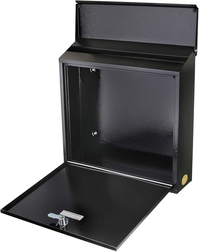Metal Mailbox Steel office comment Suggestion ballot Box Secure Box With top special Wide Slot for envelopes Wall Mount with pre drilled holes Drop Box for Home and Office 14.3H x 14.6W x 3.75D(Black)