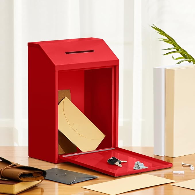 Metal Donation Cash Box Collection Safe Suggestion Box with Lock Wall Mounted Mailbox Delivery Ballot Container for Home Office Outdoor Door