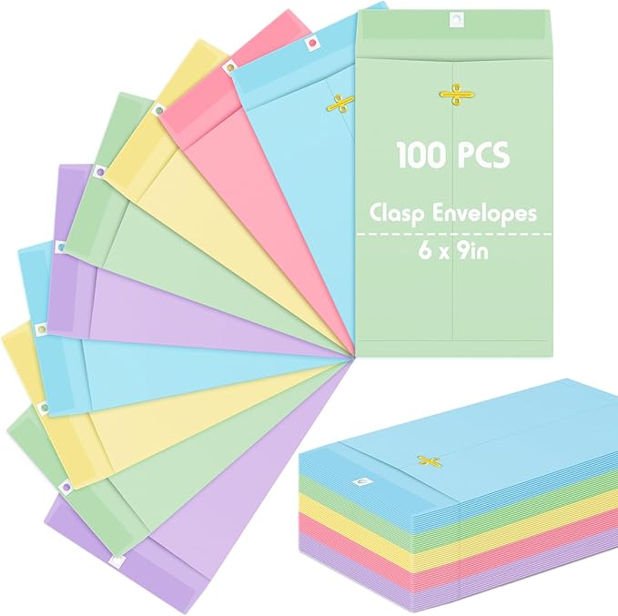 Geyee 100 Pcs Clasp Manilla Envelopes 6 x 9 Inch Gummed Colored Envelopes for Storing or Mailing for Home Office Business Supplies(Colorful)