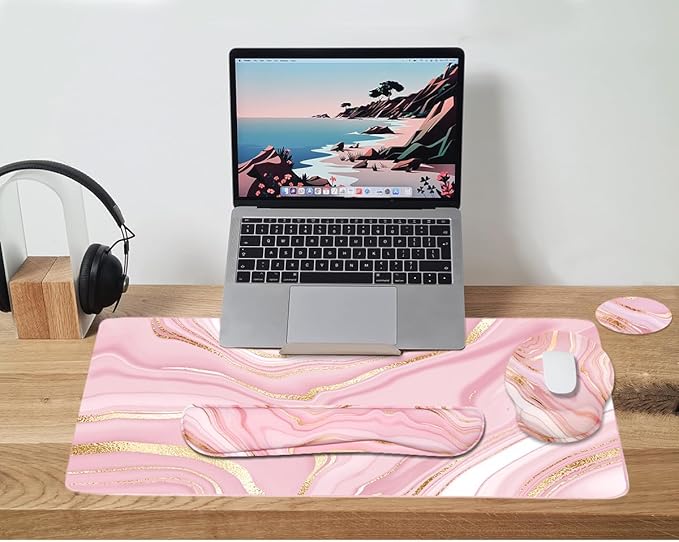 4-in-1 Gaming Mouse Pad Wrist Support Set，Desk Pad + Mouse Pad with Wrist Rest + Keyboard Wrist Rest + Coaster, Ergonomic Design for Home Office Study Game - Pink Fluid