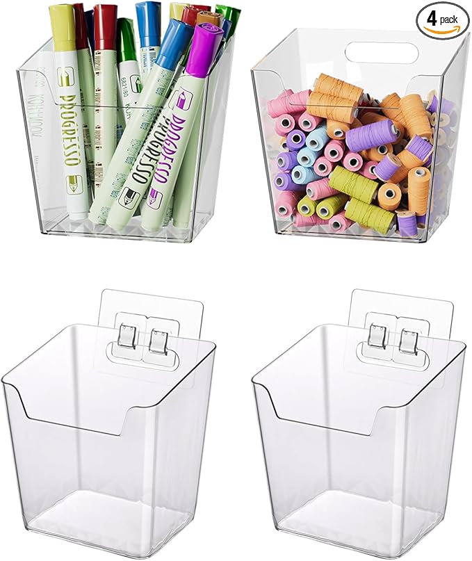 Clear Adhesive Wall Storage Bins, Small 4 Pack Cabinet Door Organizer Holders, Hanging Wall Mount Pockets, Plastic Cups for Shower Bathroom Makeup Office Craft Remote Kitchen Sink RV Organization