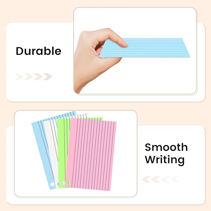 160-Pack Colored Index Cards 4x6 Inch w/Key Ring – 180gsm Heavyweight Flashcards – 4 Vibrant Colors Flash Cards (White Pink Blue Yellow) – Perfect for Study, Notes & Memory, Students School Supplies