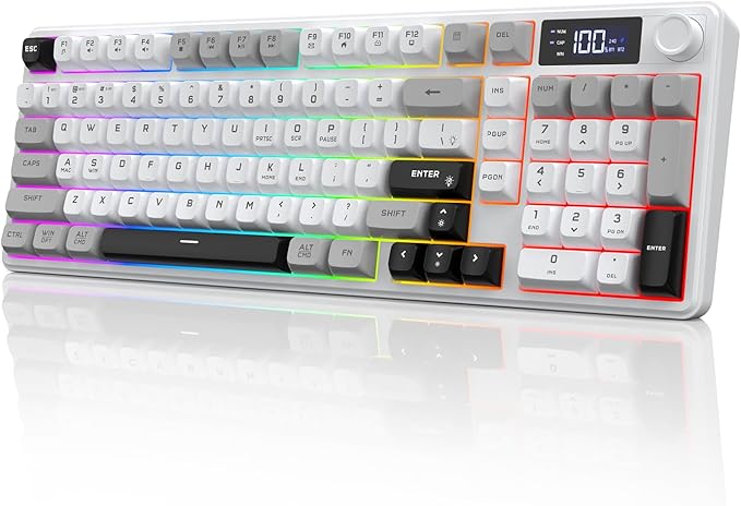 Wireless Gaming Keyboard with Smart Display & Knob Control, Tri-Mode BT5.0/2.4GHz/Type C RGB Backlit Computer Keyboards with Number Pad, 26-Key Rollover, Compatible for Windows, Mac