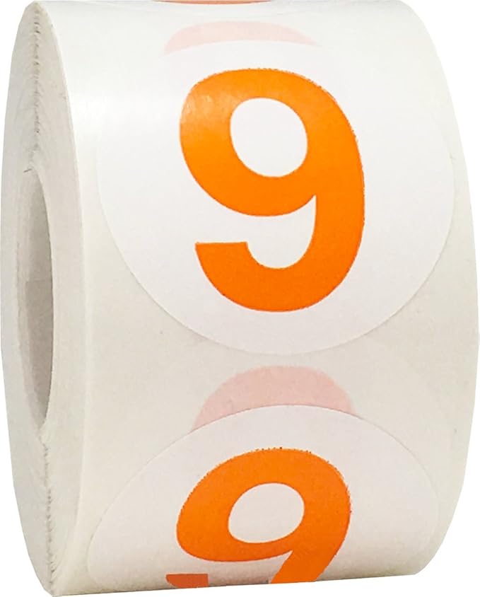 Orange Number 9 Circle Stickers, 1.5 Inches Round, 500 Labels on a Roll, Adhesive Dot Stickers for Inventory, Organizing, Storage Bins, and Classroom Use, Made in The USA