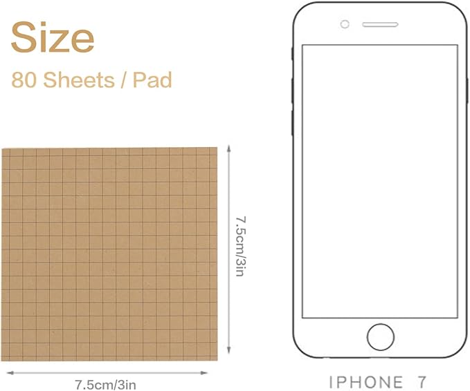 NatureTouch Sticky Notes 6 Packs, 3 x 3 Inches Adhesive Self-Stick Notes in Eye Protection Paper, Multiple Designs of Memo Pads for Reminders, Office, Home, School, Meeting, 80 Sheets/Pad，Kraft，Grid