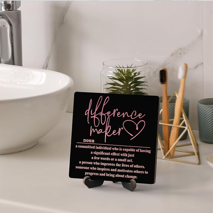 Wooden Table Sign Office Decor Difference Maker Definition Desk Decor Wood Plaque With Stand Thank You Gifts for Boss Women Best Mom Coworker Teacher Office Desk Accessories(Black)-C02