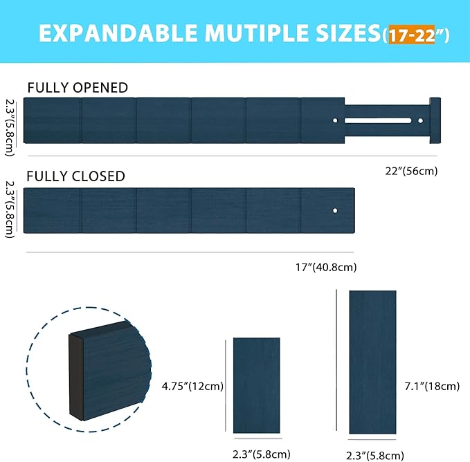6 Pack Bamboo Drawer Dividers with 12 Inserts, Expandable Adjustable Clothes Drawer Organizers and Storage from 17" to 22" for Kitchen, Bedroom, Dresser, Cosmetics (Navy Blue)