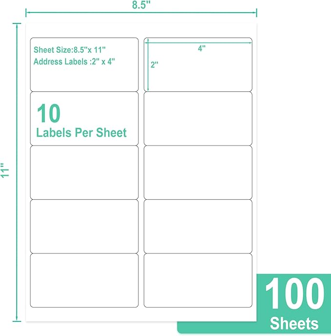 L LIKED 2" x 4" Label Stickers, Printable White 10 per Sheets Total 1000 Labels for Laser/Inkjet Printing - Matte (1000 Labels)