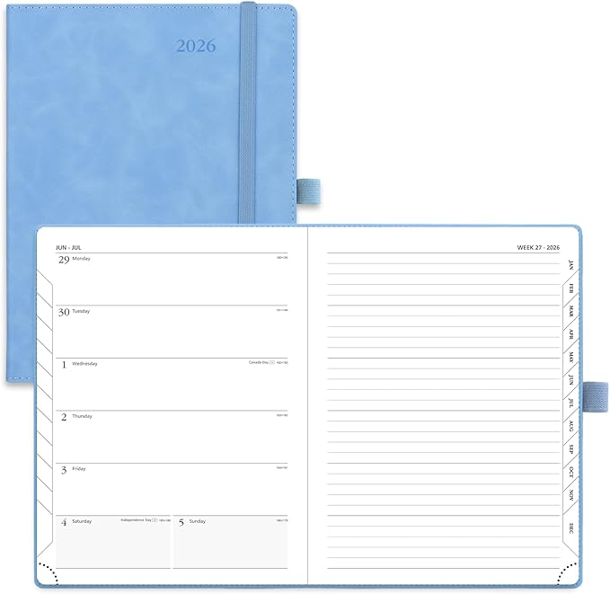 POPRUN Weekly Planner 2026 (Medium 6.5" x 8.5") Calendar 12 Months Notebook with Horizontal Layout, Leather Soft Cover, Monthly Tabs, Inner Pocket, 100GSM Thick Paper, Pen Holder - Cerulean Blue