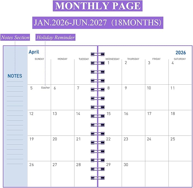 Daily Planner 2026-2027, Weekly and Monthly Planner 2026-2027 Academic Year, January 2026-June 2027 Calendar Planner, 8.2"×5.5", 18 Months, Agenda Book for Teacher, School Student(JAN.2026-JUN.2027 Deep Purple)