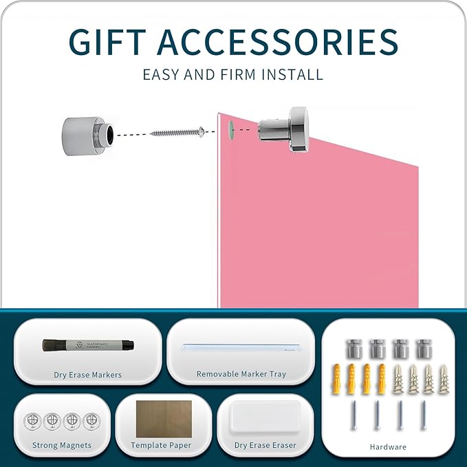 Magnetic Whiteboard, Pink Dry Erase Board 3' x 2', Tempered Glass White Board Frameless, Home School Supplies or Home Office Decor with Magnets, Markers, Eraser, Marker Tray