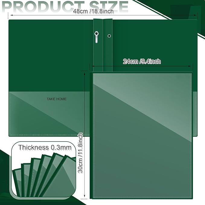 Henoyso 24 Pcs Plastic Folders with Clear Front Pocket and 3 Prong Take Home Plastic 2 Pocket Folder Back to School for Students Parent Teacher Communication for School Office (Dark Green)