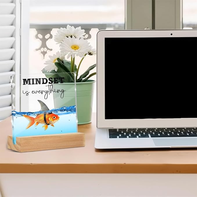 Christmas Thank You Gifts, Mindset is Everything Inspirational Gifts for Women Coworkers Friends, Funny Goldfish Desk Decor Acrylic Sign 4x4 Inch, Positive Affirmations Desk Accessories Signs for Table Top Cubicle Office Decor