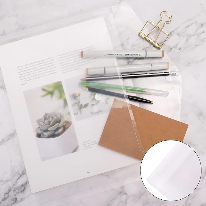 EOOUT 50pcs Plastic Envelopes with Button Snap Closure, Clear Poly Folders for Documents, Waterproof Plastic File Folder, Letter Size, A4 Size, for School and Office Supplies