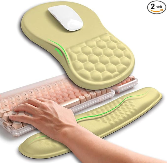 Hokafenle 2in1 Combination, Wave Keyboard Wrist Rest and Ergonomic Curvature Mouse Pad Wrist Support for Relieve Wrist Pain, Filled with Soft Cushion Memory Foam, Butter Yellow
