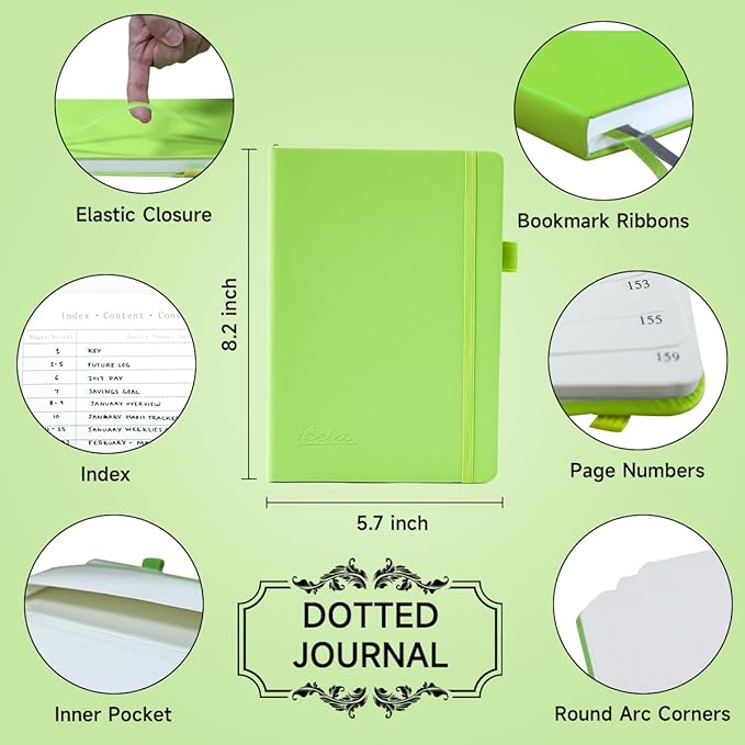 Dotted Journal Kit, Feela Dot Grid Journal Hardcover Planner Notebook Set For Beginners Women Girls Note Taking with Journaling Supplies Stencils Stickers Pens Accessories, A5, 224 Pages, Apple Green