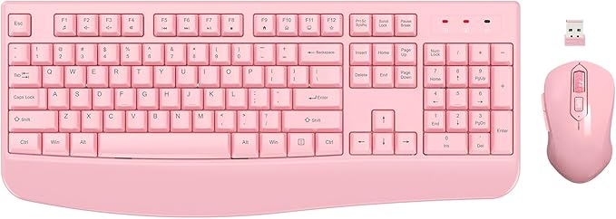 Wireless Keyboard and Mouse Combo, EDJO 2.4G Full-Sized Ergonomic Computer Keyboard with Wrist Rest and 3 Level DPI Adjustable Wireless Mouse for Windows, Mac OS Desktop/Laptop/PC (Pink)