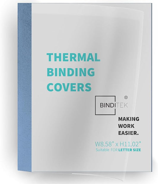 Binditek 10 Pack Thermal Binding Presentation Covers, 1/16 Inch Spine, Holds 15 Sheets, Ultra Clear Front Cover, Blue Paper Back Cover, Letter Size, for Students and Coworkers