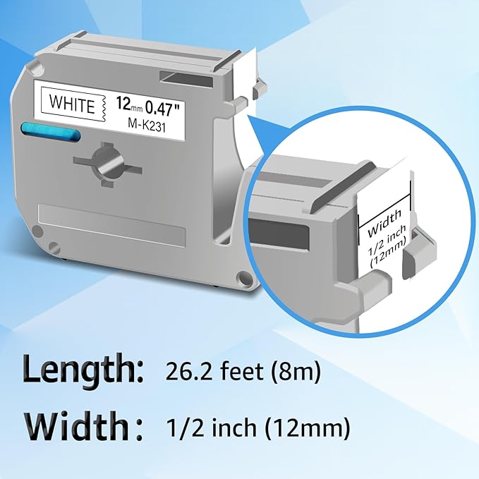 Compatible for Brother P-Touch M Tape M-K231 MK231 M231 MK-231 Black on White Label Tape 0.47" (12mm) x 26.2ft for PT-90 PT-M95 PT-70 PT-70BM PT-85 PT-80 PT-45 PT-65 Label Makers, 1 Pack