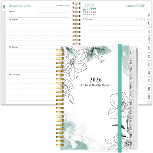 Planner 2026 - A5 Weekly & Monthly Planner Spiral Bound, January 2026 to December 2026, Planners 2026 with Flexible Cover, Tabs, Inner Pocket, 6.4" x 8.5", Teal Flowers