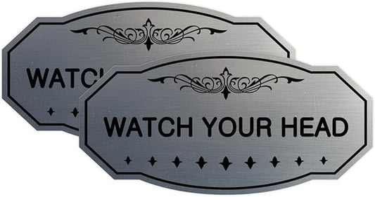 Signs ByLITA Victorian Watch Your Head Sign (Brushed Silver) - Large 2 Pack