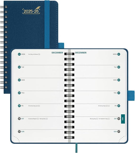 BEZEND Pocket Planner 2025-2026 Weekly with 2 Columns, 18-Month Academic Calendar (Jul 25-Dec 26), Life Work App., Storage Pocket, Pen Holder, PU Leather Softcover 3.5" x 6" Spiral - Prussian Blue