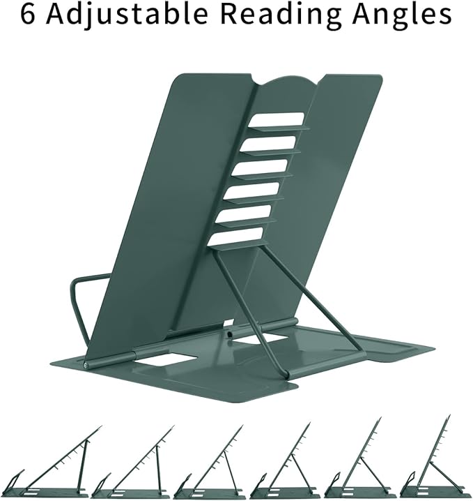 MSDADA Desk Book Stand, Metal Reading Book Stand Adjustable Cookbook Holder for Textbooks Recipes Music Books Tablet-with Page Clips(Morandi Green)