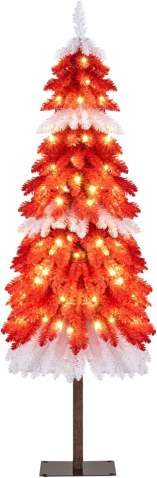 Goplus 5 FT Pre-Lit Artificial Christmas Tree for Entrances, Red & White Candy Cane Xmas Tree with 301 PVC Branch Tips, 100 Warm White LED Lights, Metal Stand, Front Door Porch Home Decoration