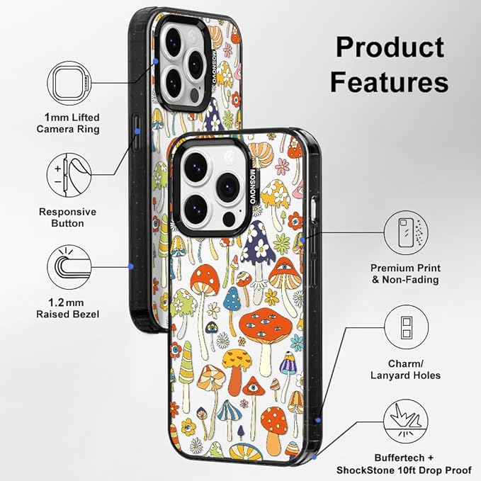 MOSNOVO Case for iPhone 14 Pro, [10ft 4X Military-Grade Drop Protection] Durable & Shockproof Phone Case Cover Design for iPhone 14 Pro - Mushroom Art - Clear Black