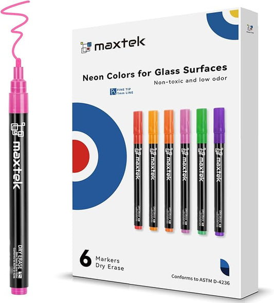 maxtek Dry Erase Markers, Fine Tip Glass Whiteboard Markers, Neon Colors, 6 Count White Board Dry Erase Pens