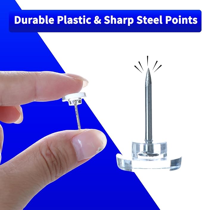 200 Pack Clear Push Pins – Thumb Tacks for Bulletin Boards, Cork Boards, Wall Displays – Flat Head, Heavy Duty Plastic, Reusable Storage Box Included