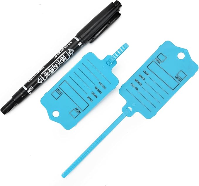 50 Car Key Tags with Labels Plastic Car Dealership Key Tags Self Locking Automotive Identifiers Blank Shop Labels with One Pen (Blue)