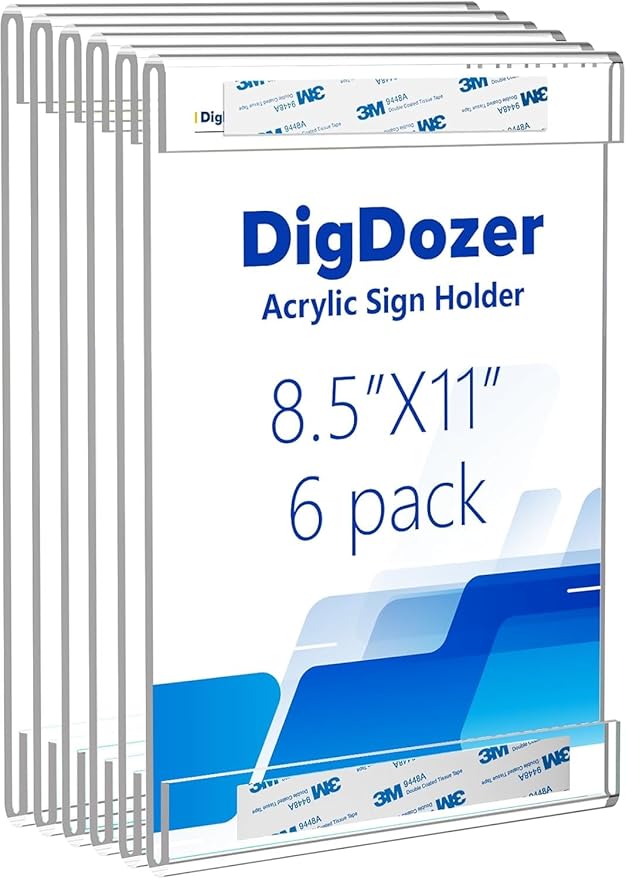 6 Pcs Acrylic Sign Holder 8.5 x 11, Vertical Wall Mount Sign Holders with Adhesive, Clear Plastic Frames Paper Display Sign Holders for Office, Home, Store, Restaurant - No Drilling