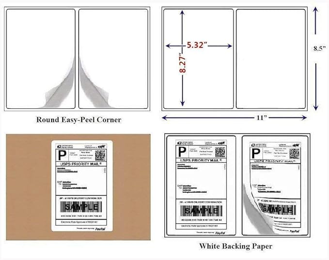Round Corner Half Sheet Self Adhesive Shipping Labels for Laser and Ink Jet Printers, White Blank (1000 Sheets, 2000 Labels)
