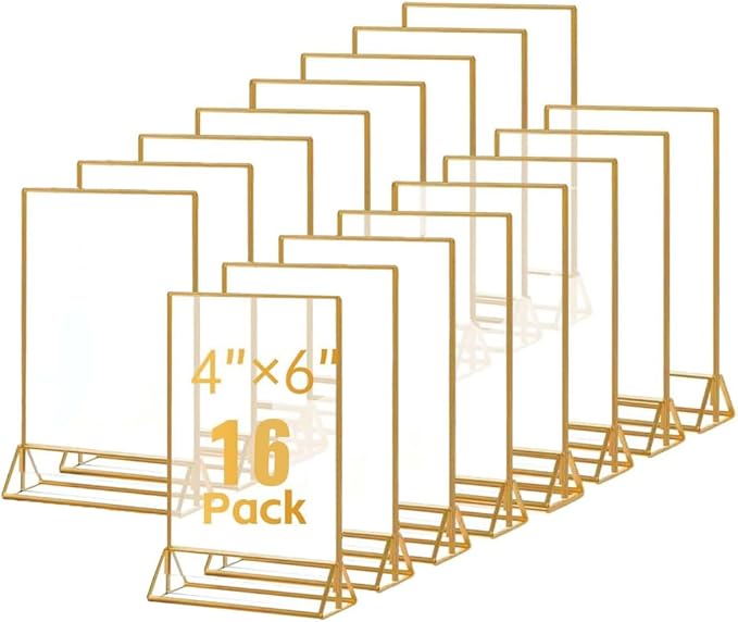 16 Pack Gold Acrylic Sign Holder, 4x6 Inch Picture Frames Wedding Double Sided Display Clear Sign Holders Stand Desktop Table Menu for Wedding Party Restaurant
