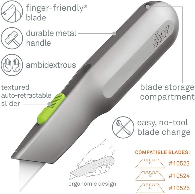 Metal-Handle Utility Knife, Finger Friendly Ceramic Blade, Auto Retracts for Safety, Heavy Metal Handle, Comfortable Grip, Stores Extra Blade, Ambidextrous, Easy Blade Change