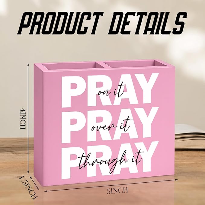 Pink Office Desk Decor Inspirational Christian Gifts for Women Men HR Manager Coworker Friend Employee Wooden Pencil Holder Boss Day Gifts Pray on it Wooden Sign Bible Verse Office Desk Decor