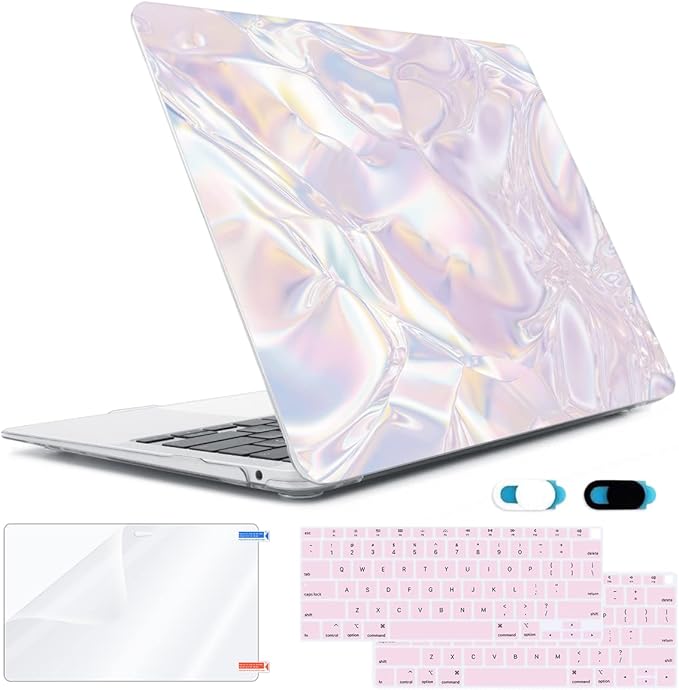 for MacBook Air 13 inch, MacBook Air Case 2021-2018 M1 A2337 A2179 A1932 with Retina Display Touch ID, Plastic Hard Case + Keyboard Cover + Webcam Cover + Screen Protector, Pink Crystal